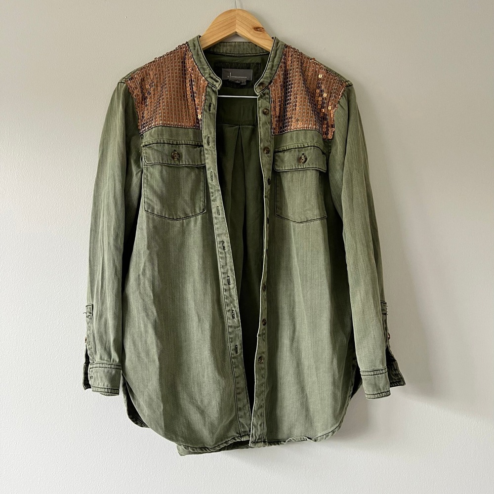 Anthropologie Olive Green Button-Down Shirt with Copper Sequin Shoulders